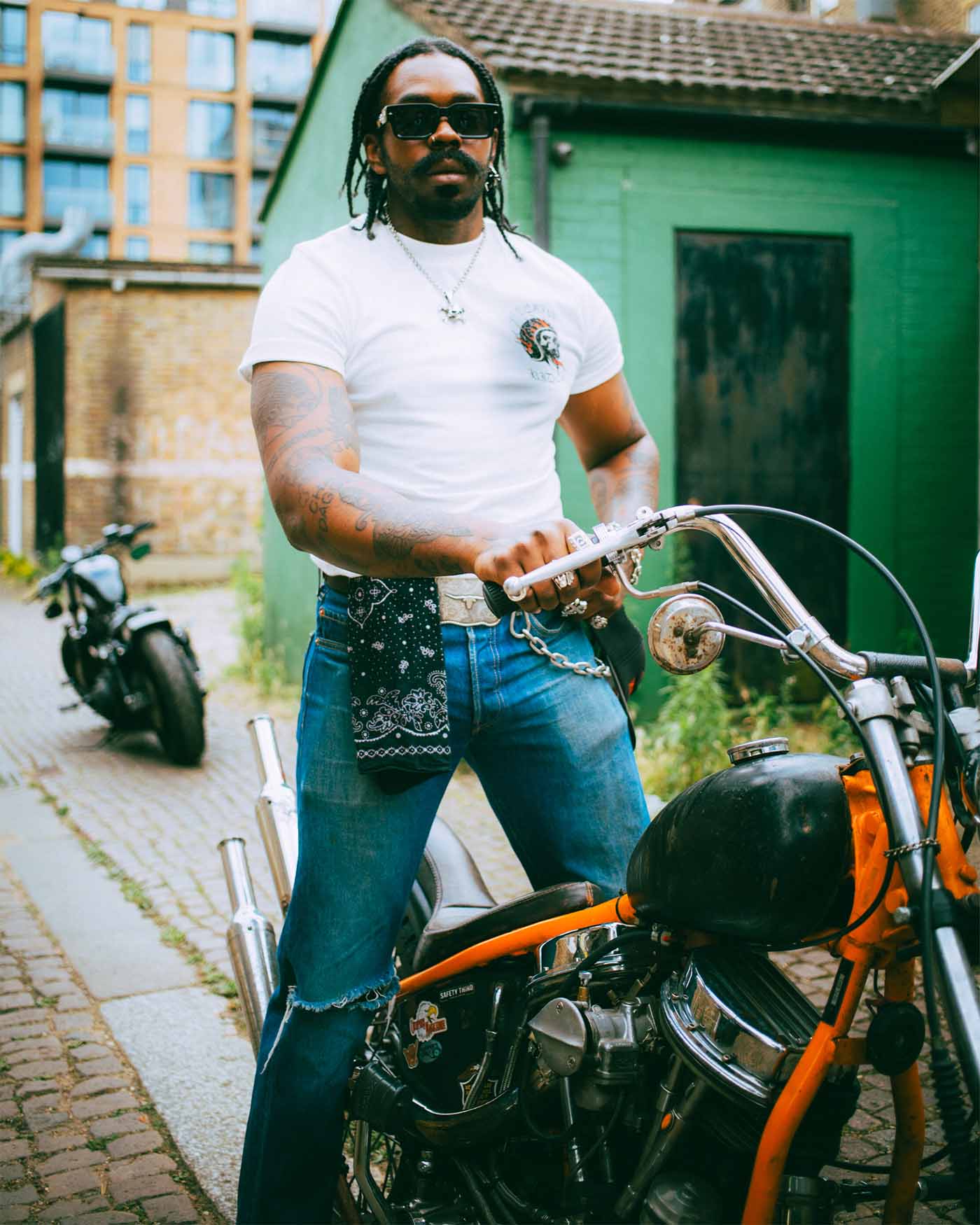 A black biker wearing Sleazy Rider