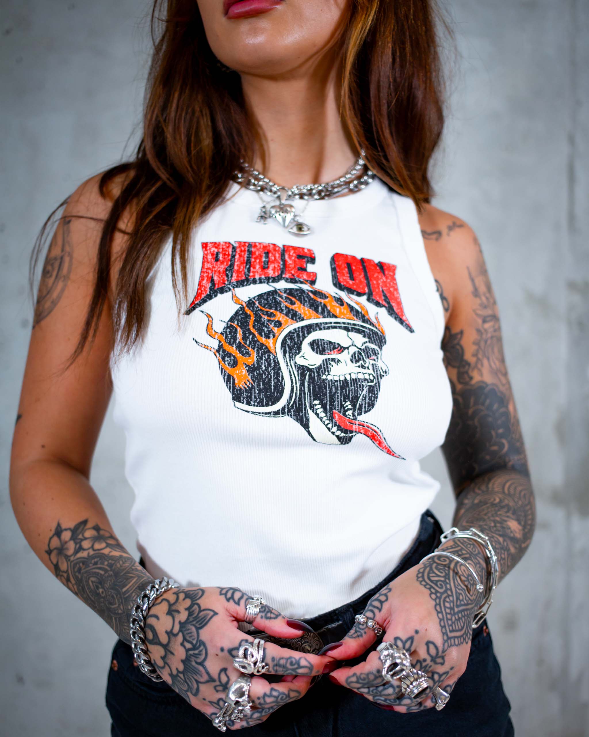 The Ride On biker tank top by Sleazy Rider. Featuring a distressed flaming skull print.