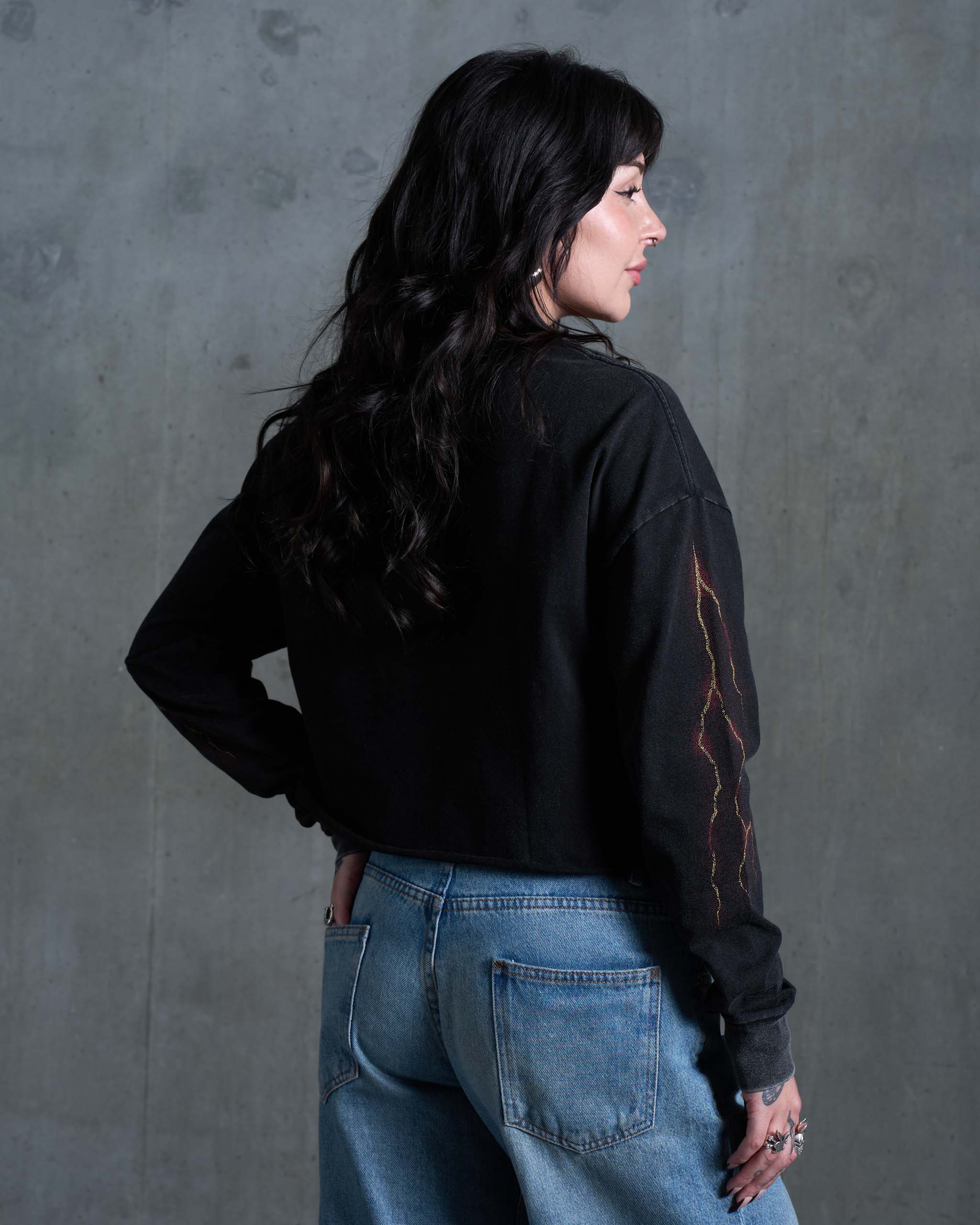 Thunder Eagle Long Sleeve Cropped T-Shirt - Acid Wash