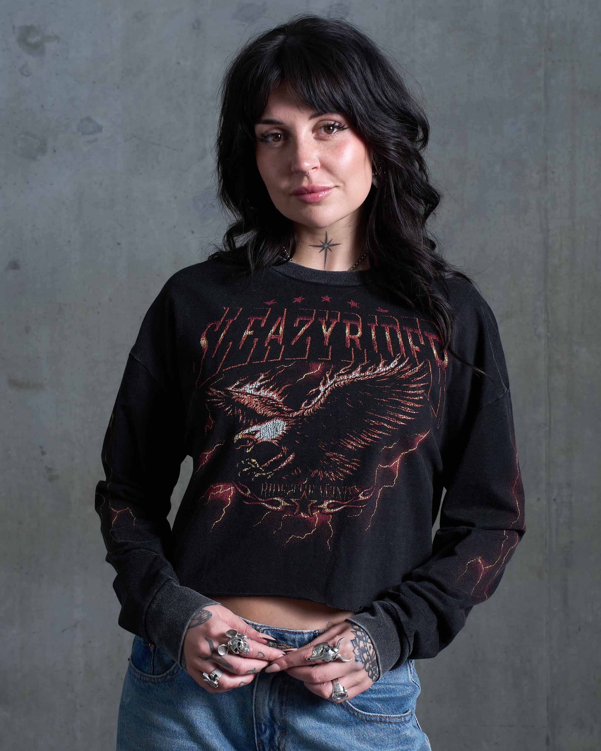 Thunder Eagle Long Sleeve Cropped T-Shirt - Acid Wash