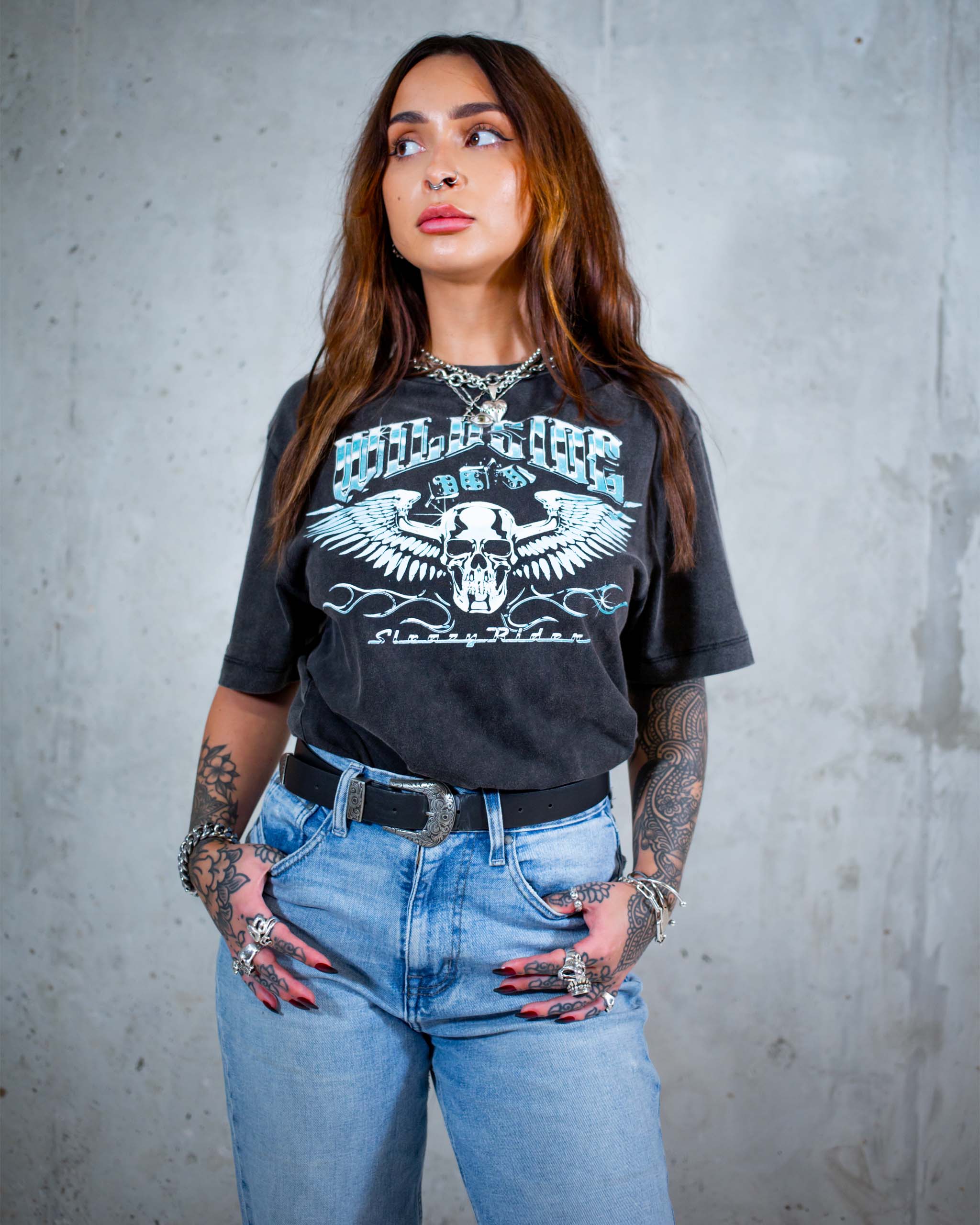 The Wildside biker t-shirt by Sleazy Rider. Featuring a chrome winged skull and flames print.