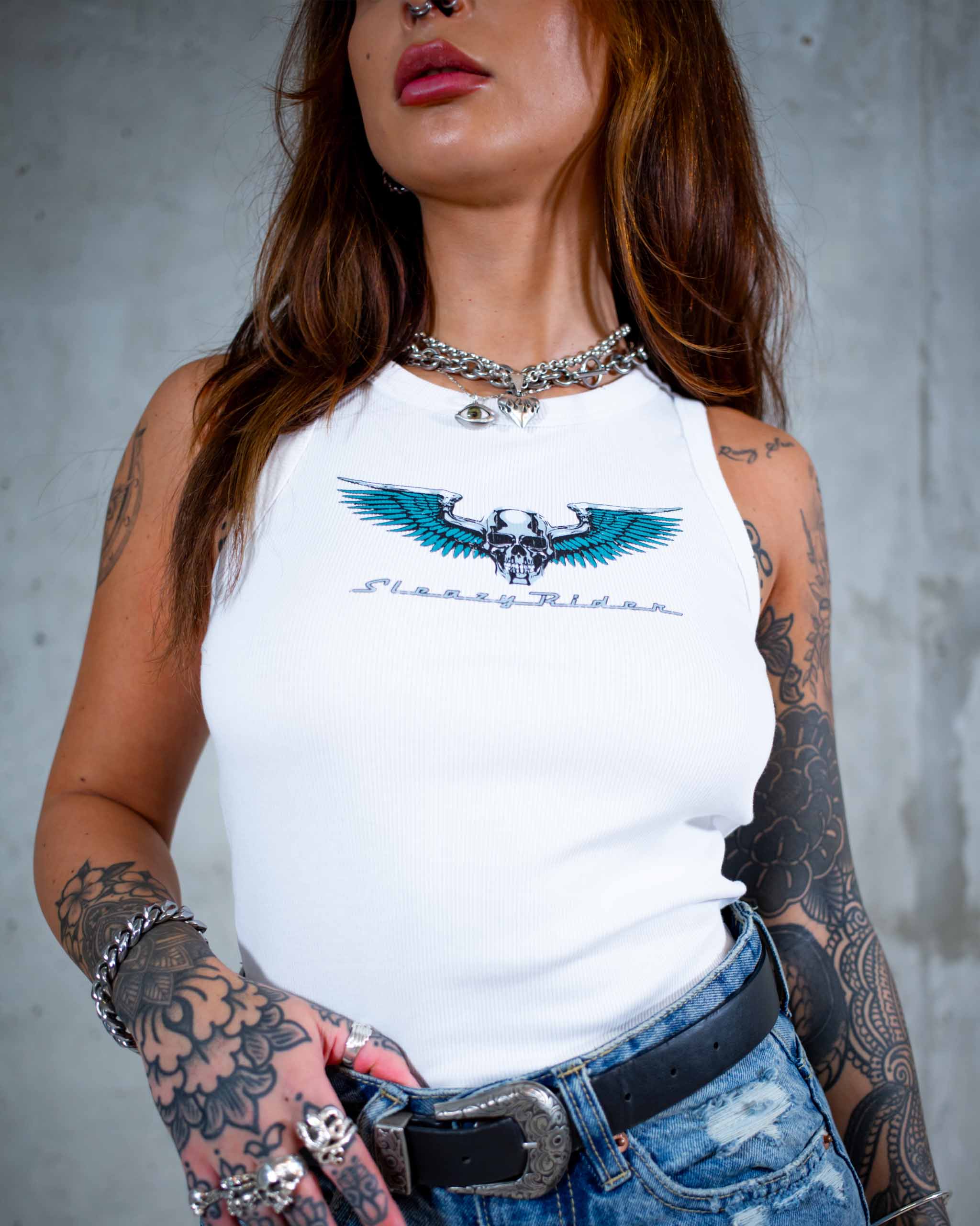 The Wildside biker tank top by Sleazy Rider. Featuring a chrome winged skull print.