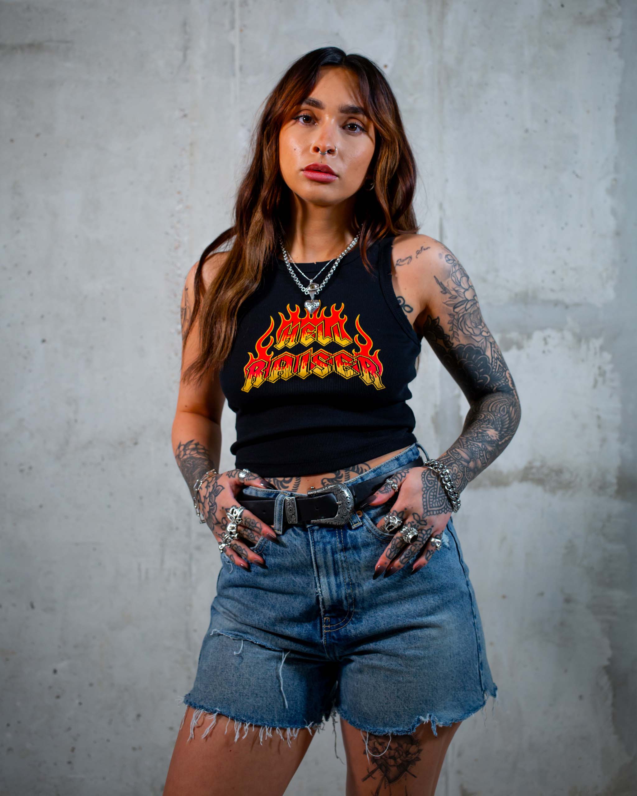 The Hell Raiser biker tank top by Sleazy Rider, featuring a flaming text graphic.
