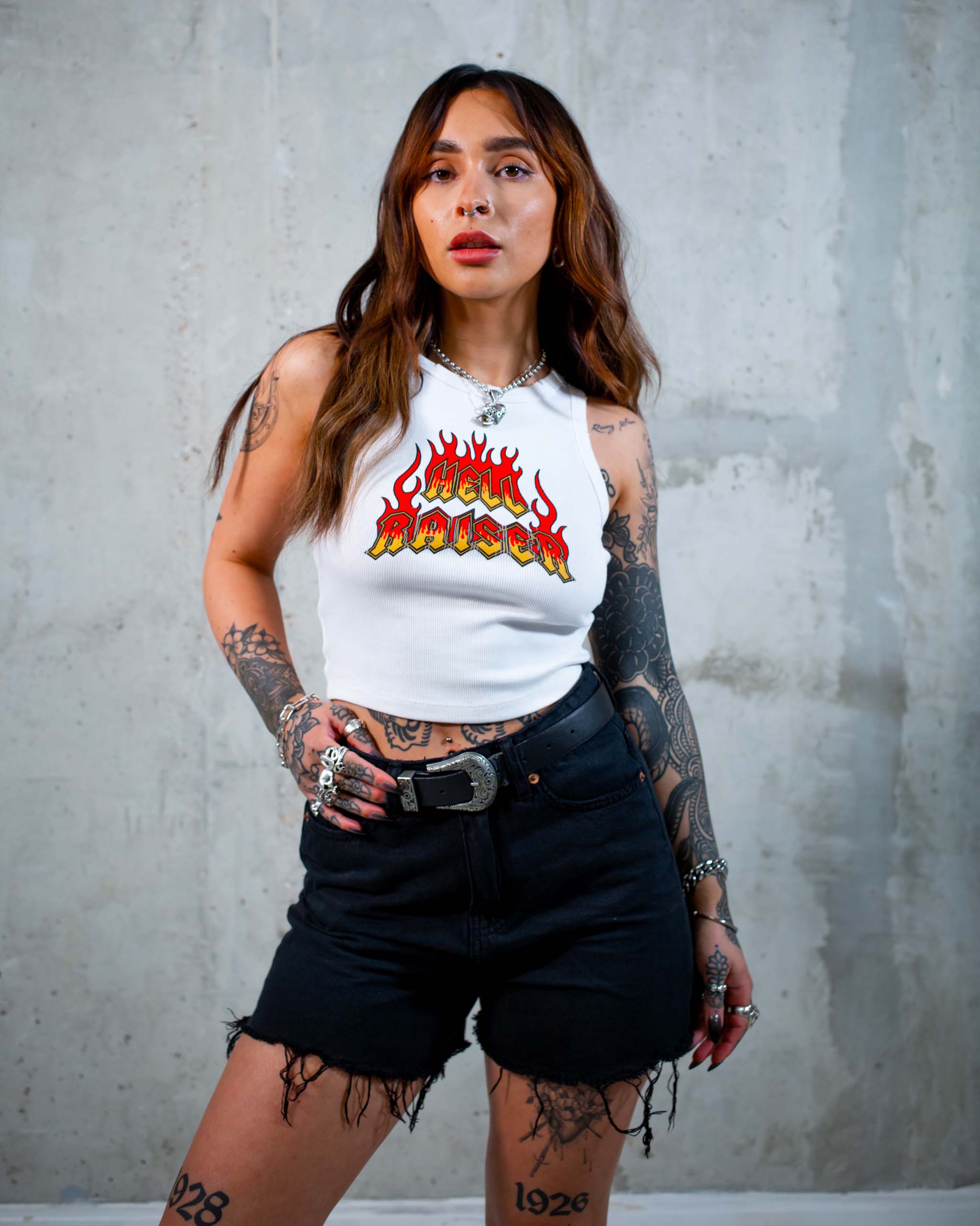 The Hell Raiser biker tank top by Sleazy Rider, featuring a flaming text graphic