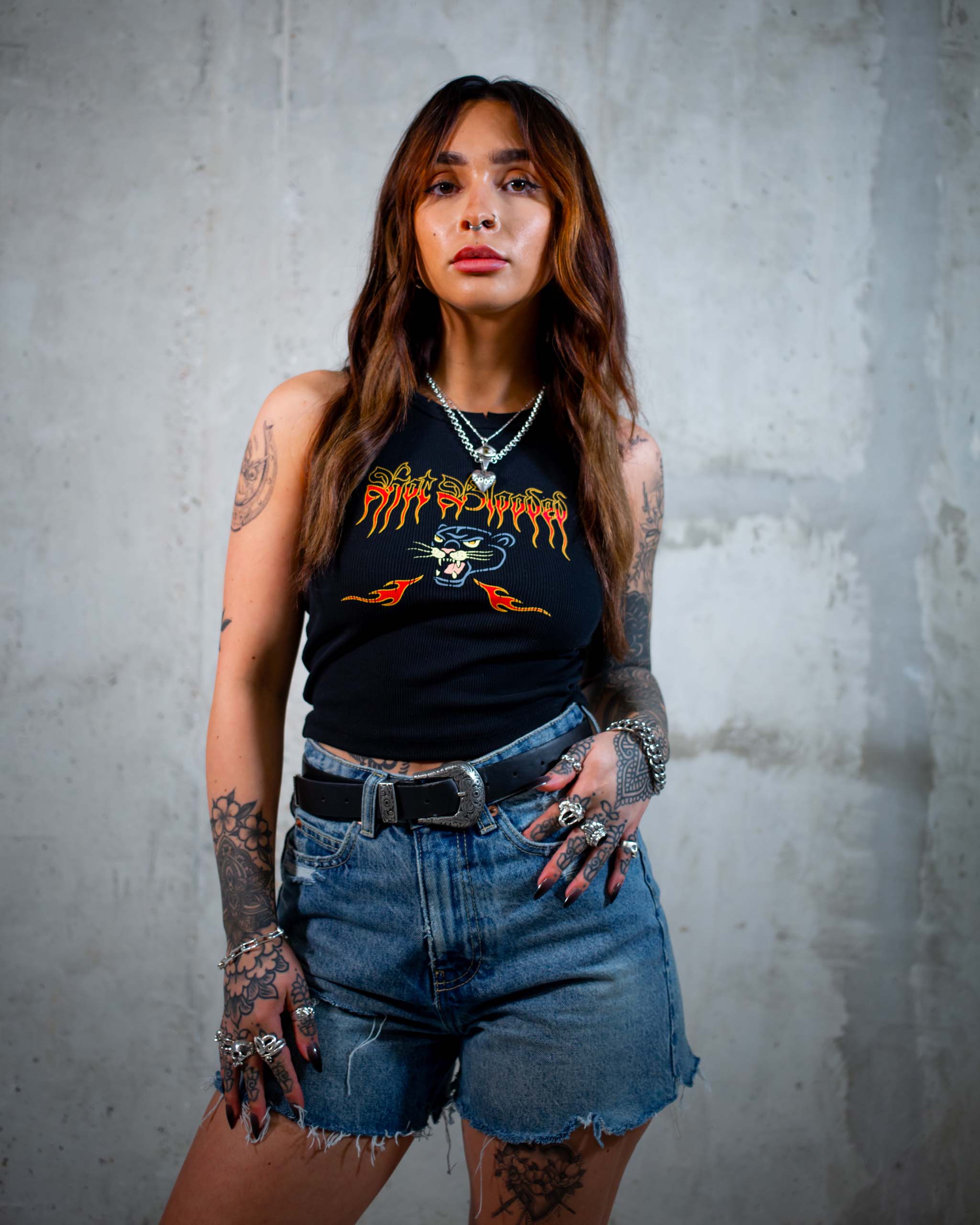 The Hot Blooded tank top by Sleazy Rider, featuring a tattoo style panther head.