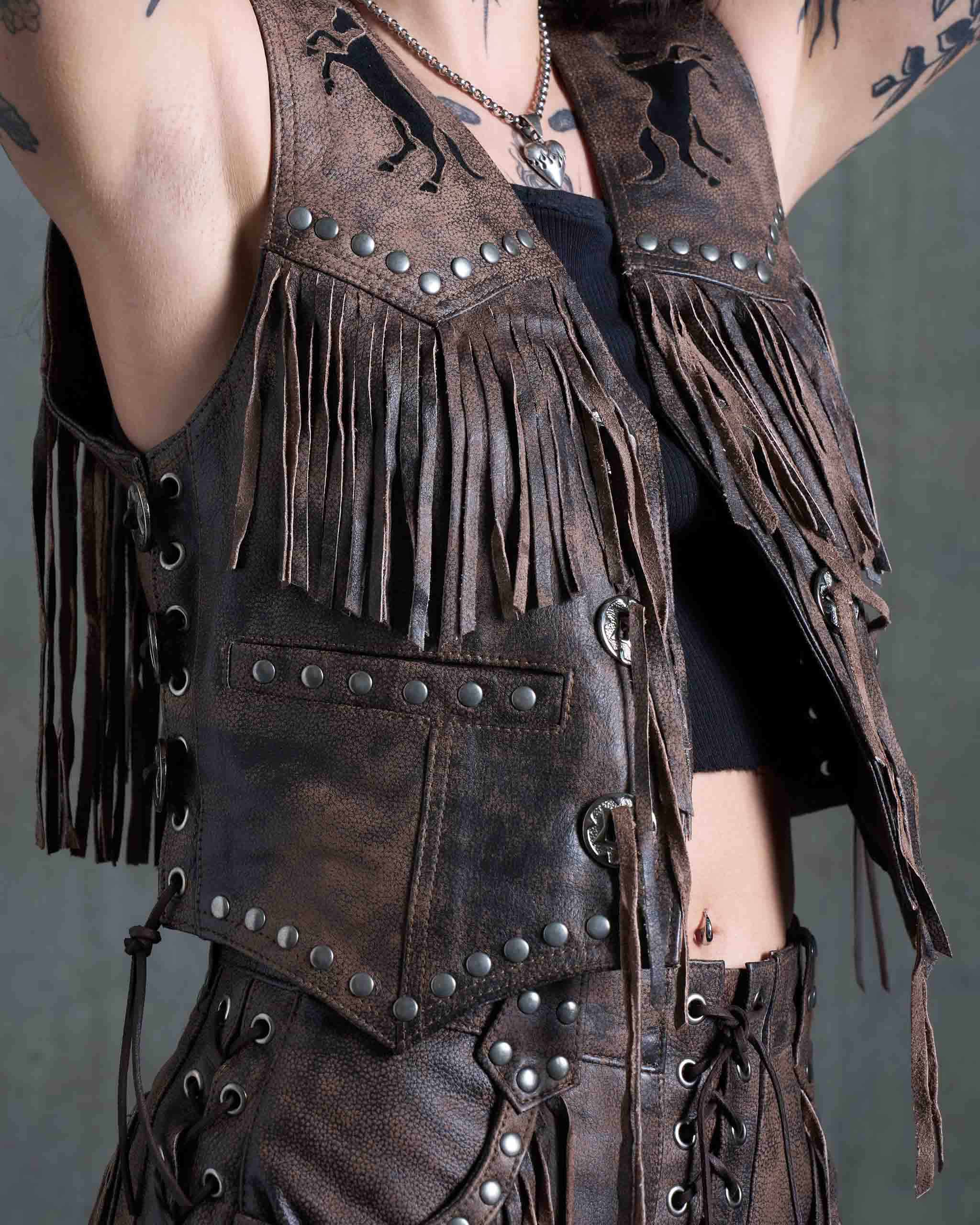 Colt Studded Fringe Leather Vest - Brown