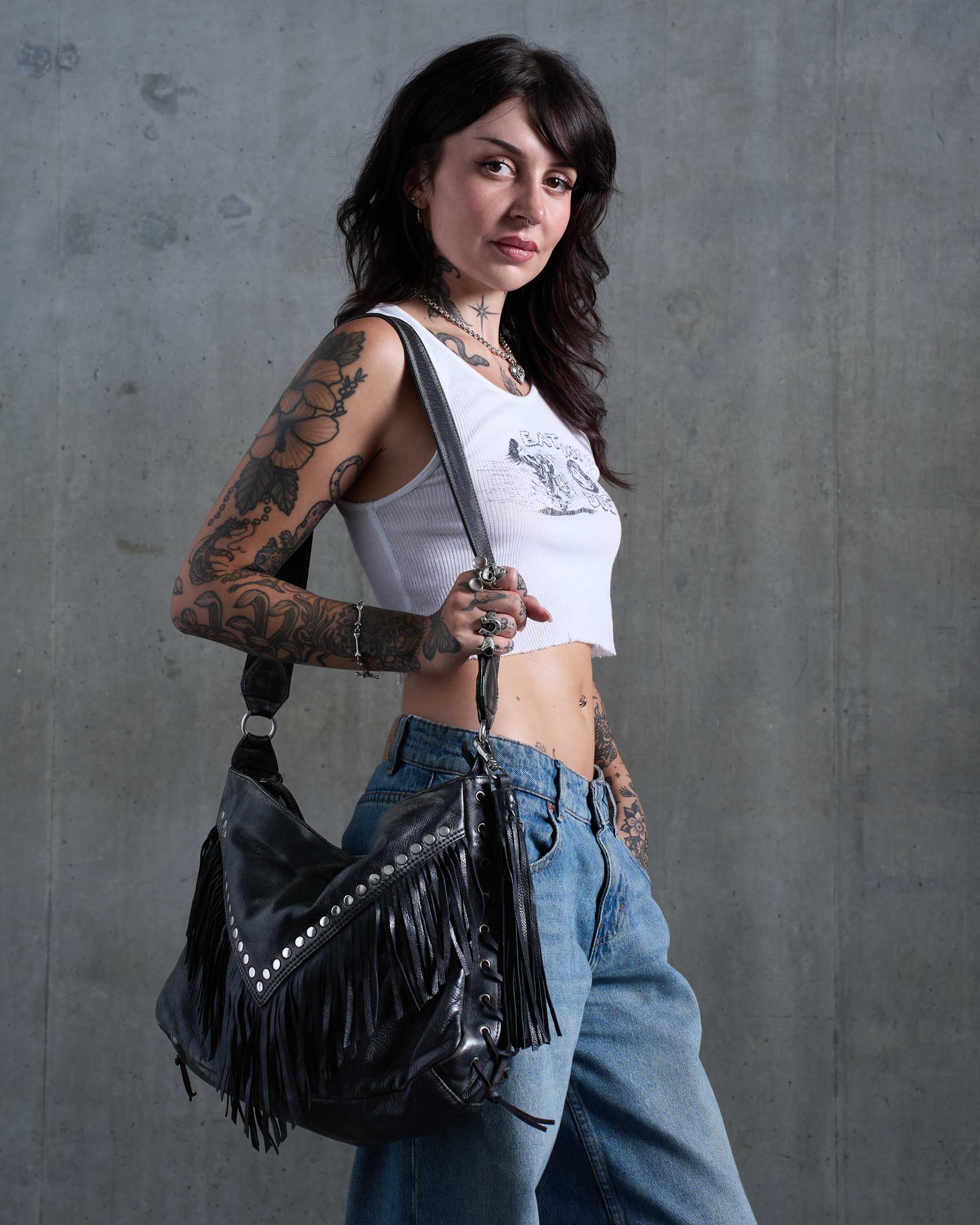 Coyote Studded Leather Bag - Distressed Black