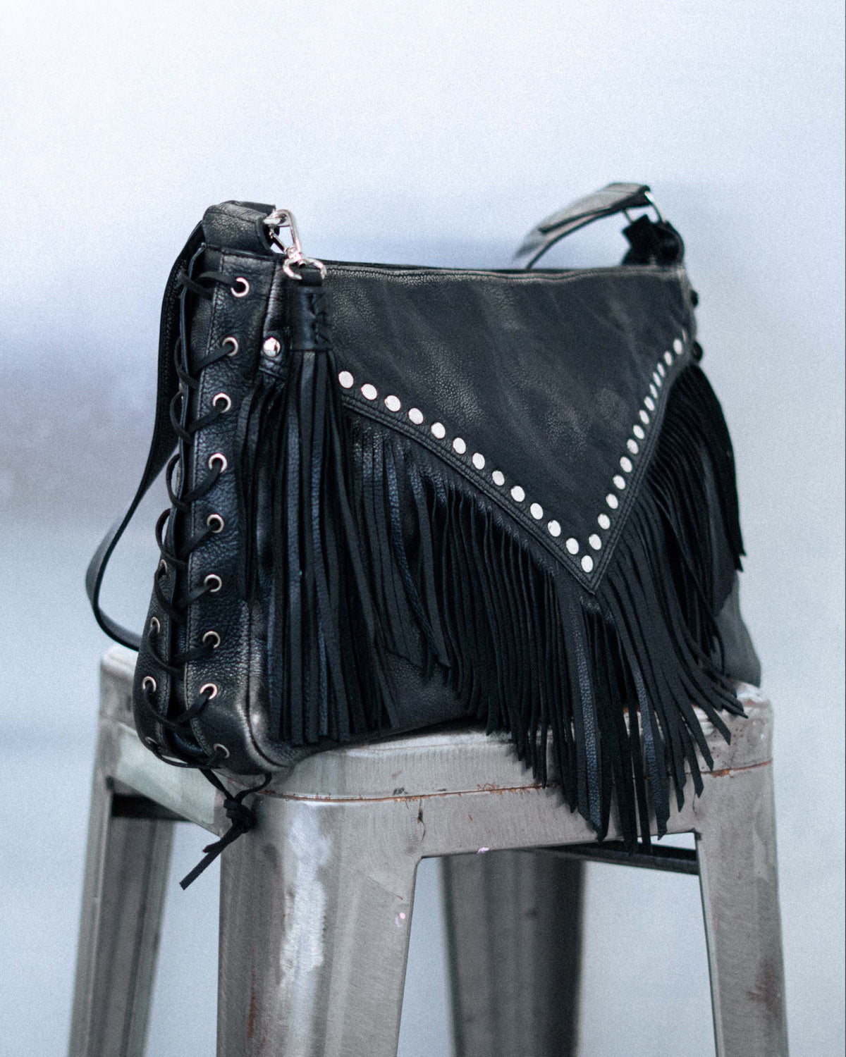 Coyote Studded Leather Bag - Distressed Black