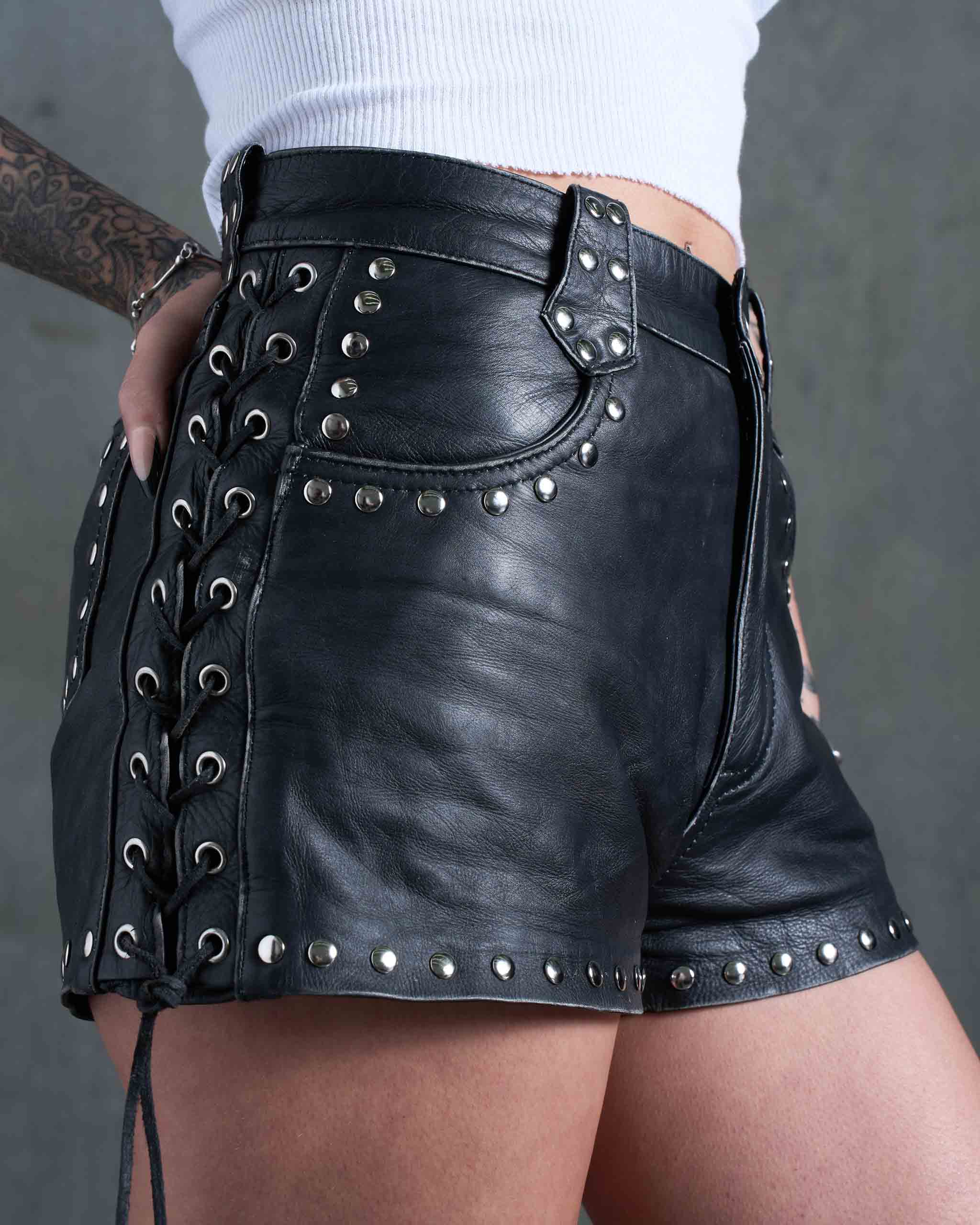 Coyote Studded Leather Shorts - Black