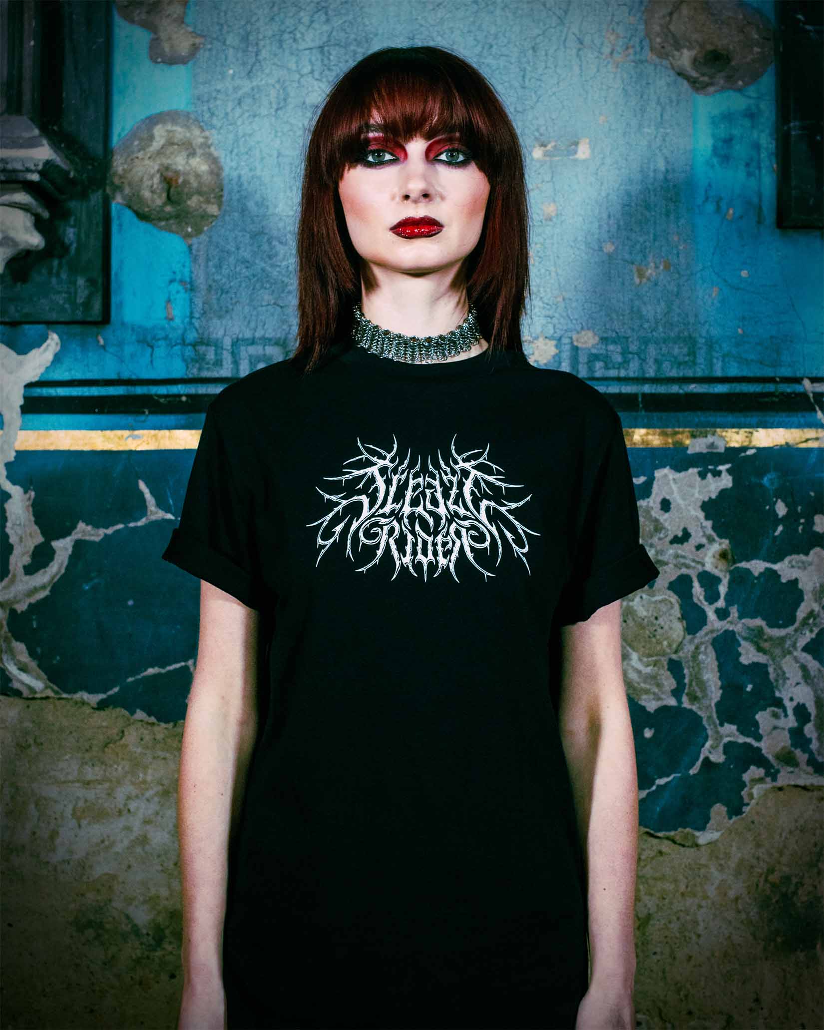 A female alternative model wearing a gothic t-shirt