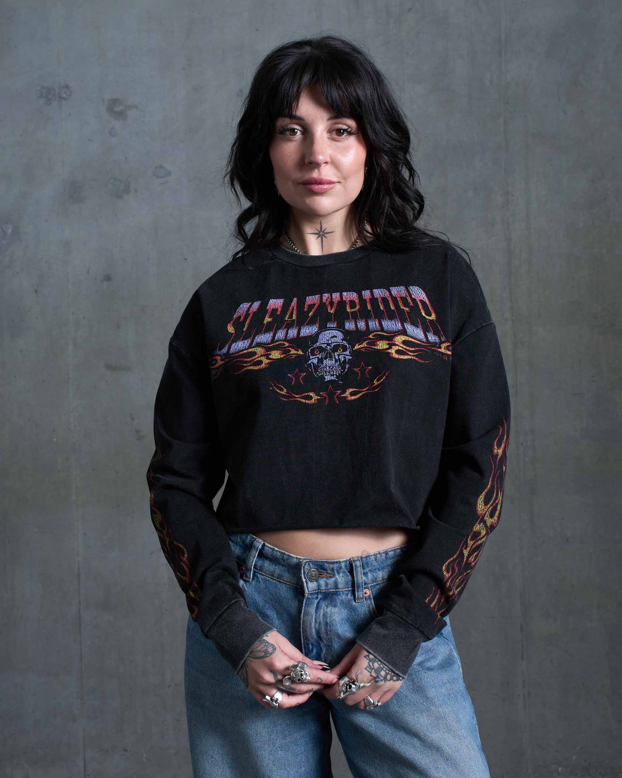 Flaming Skull Long Sleeve Cropped T-Shirt - Acid Wash