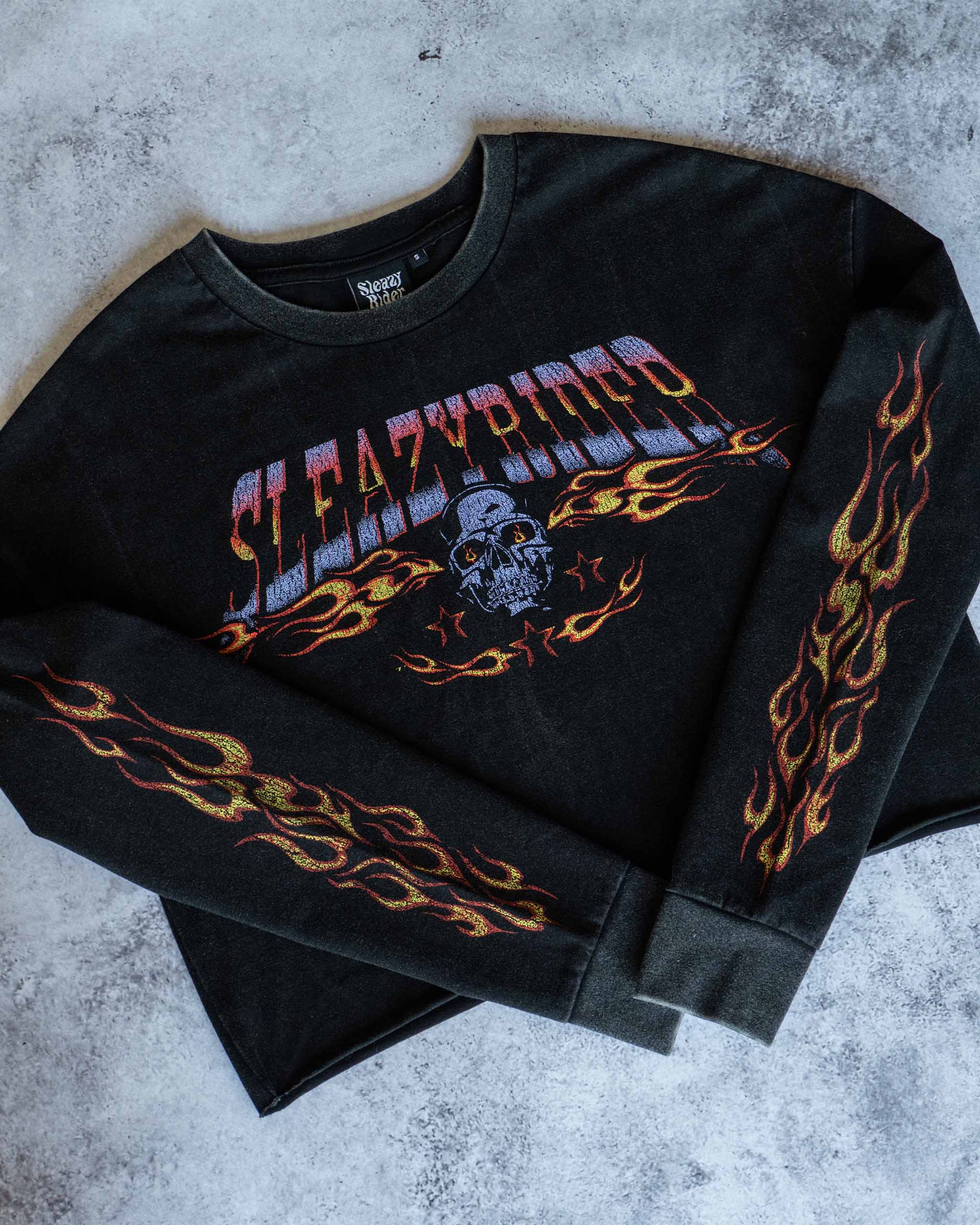 Flaming Skull Long Sleeve Cropped T-Shirt - Acid Wash