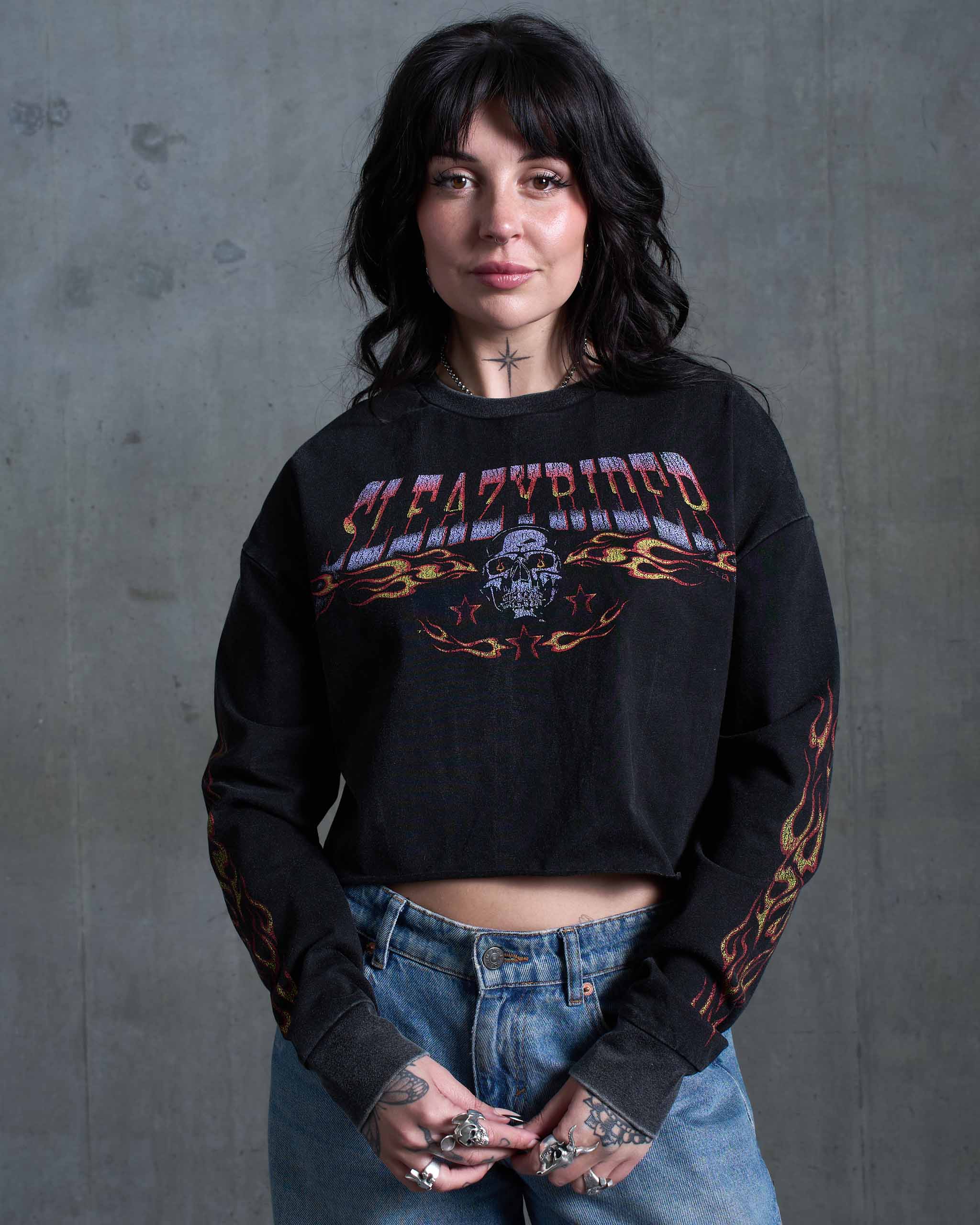 Flaming Skull Long Sleeve Cropped T-Shirt - Acid Wash