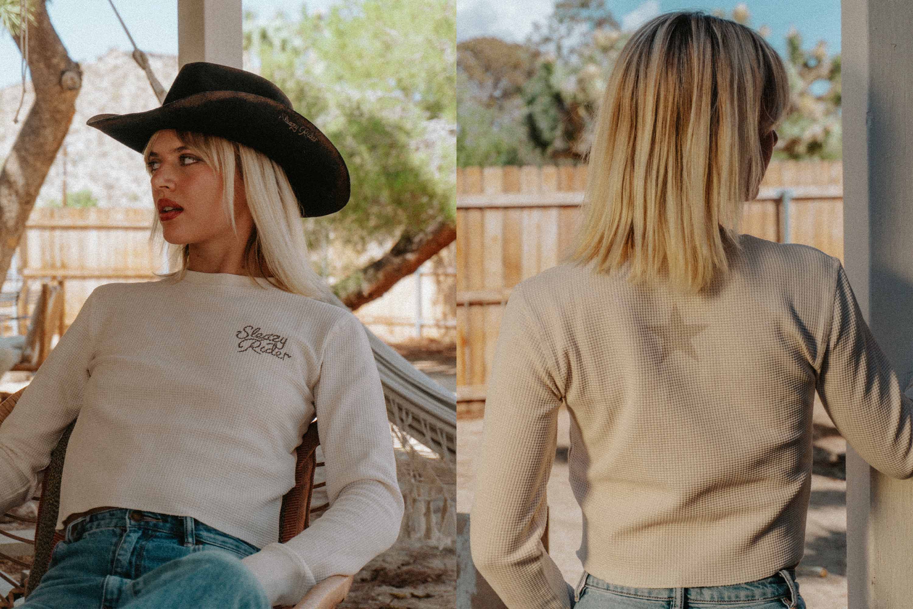 A front and back view of a wild west waffle knit sweater.