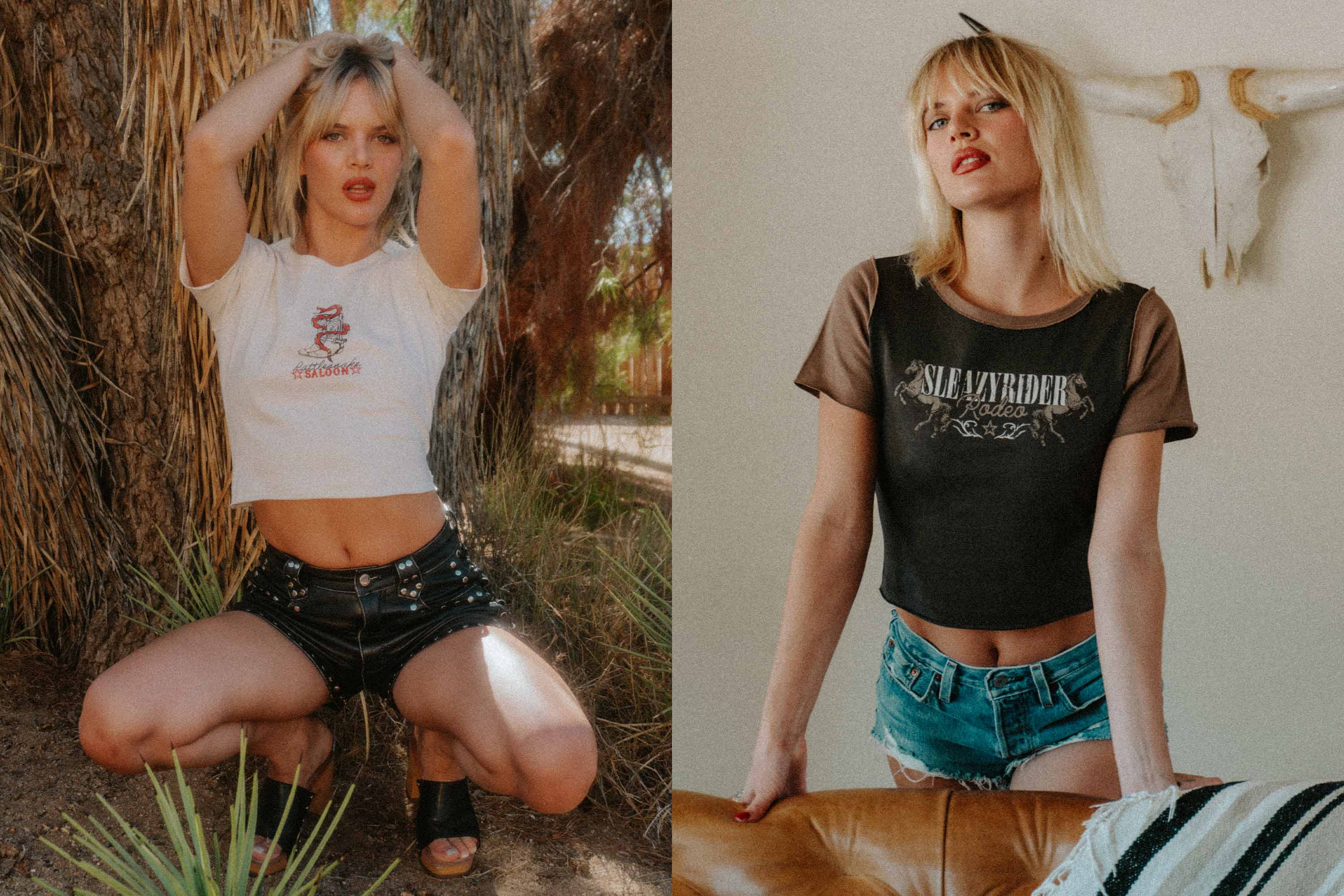 Two images of a woman wearing different wild west graphic t-shirts in the Mojave desert.