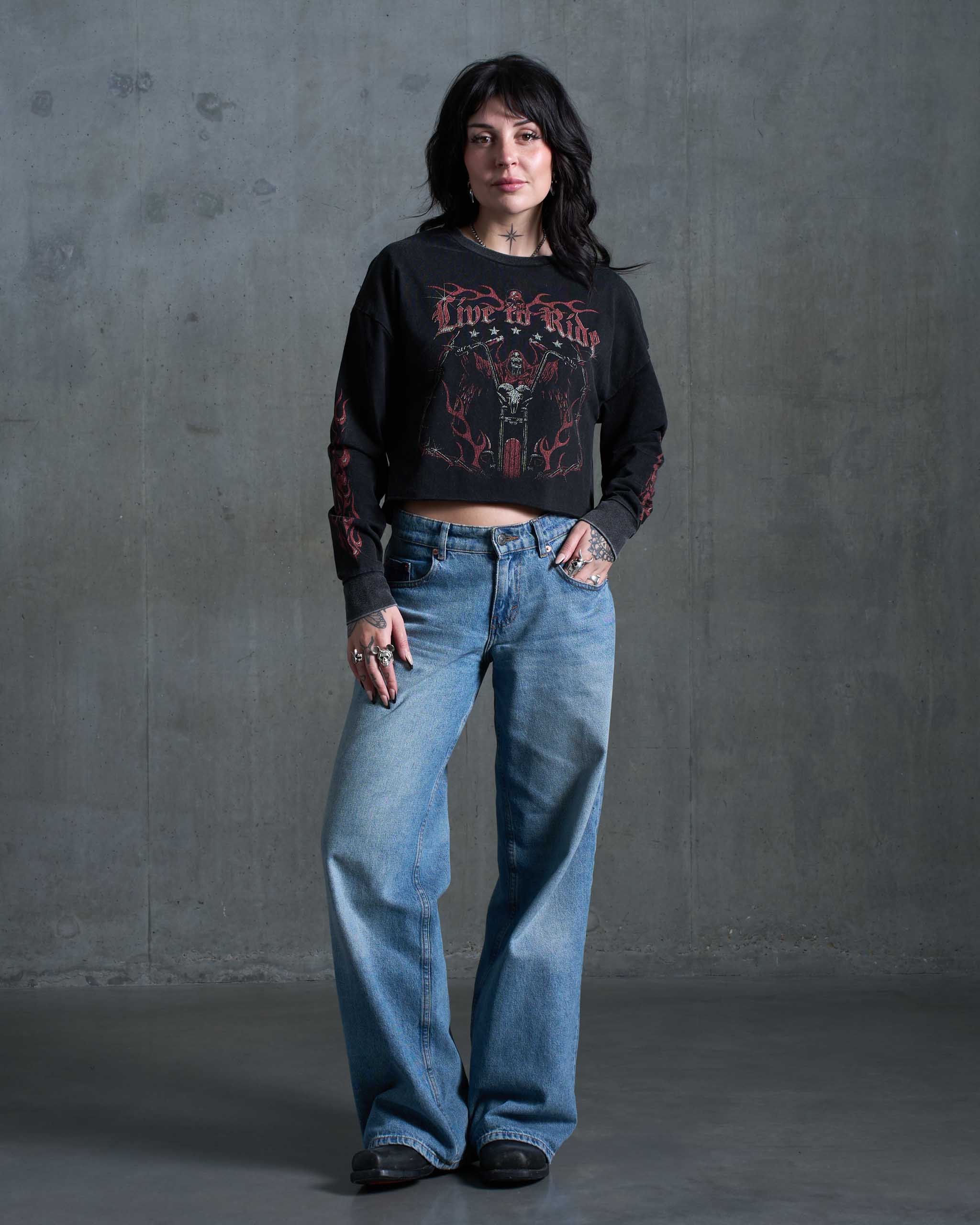 Live To Ride Long Sleeve Cropped T-Shirt - Acid Wash