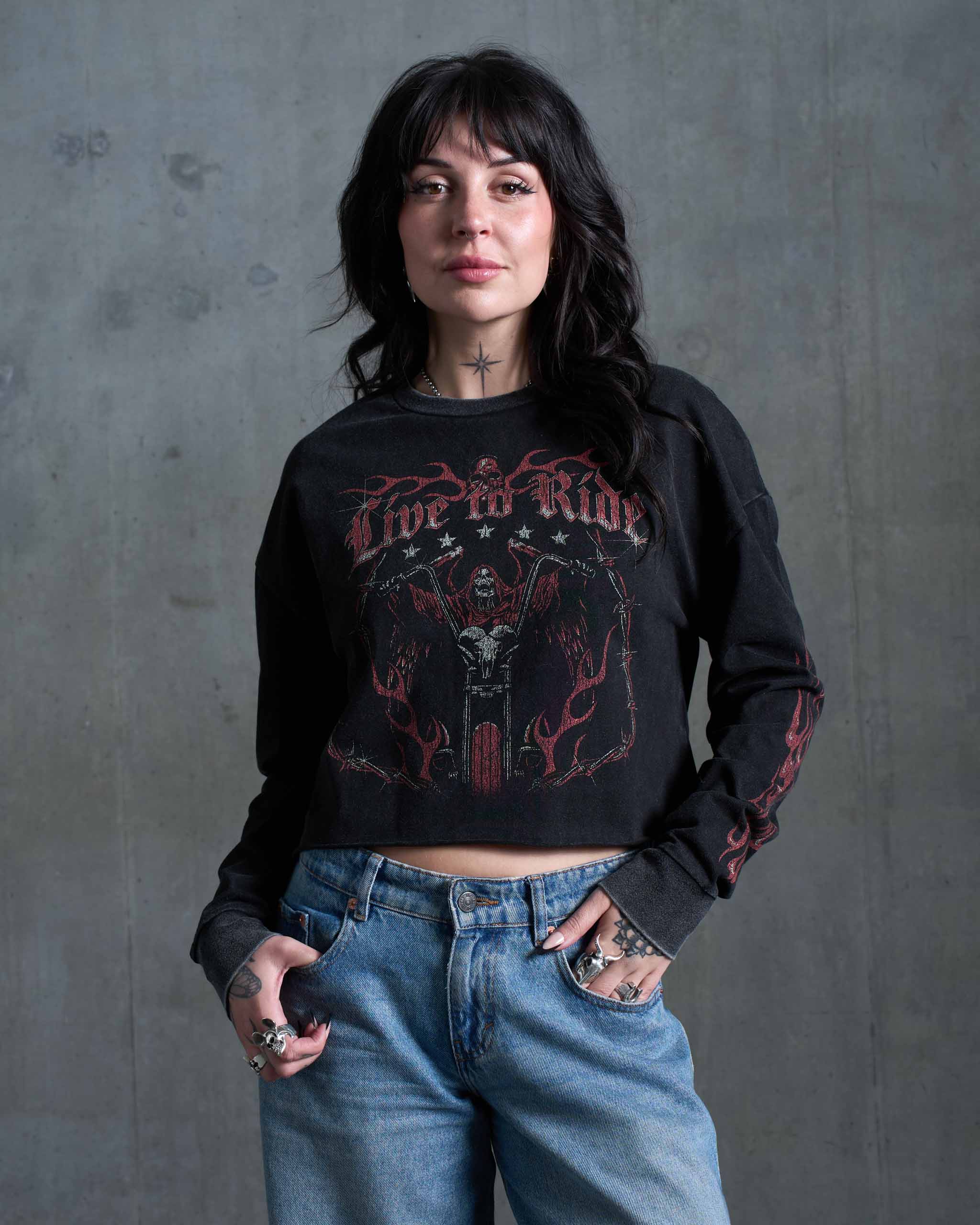 Live To Ride Long Sleeve Cropped T-Shirt - Acid Wash