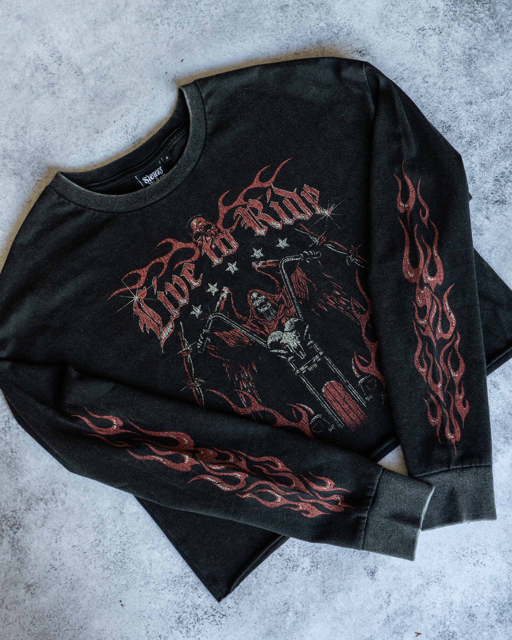 Live To Ride Long Sleeve Cropped T-Shirt - Acid Wash
