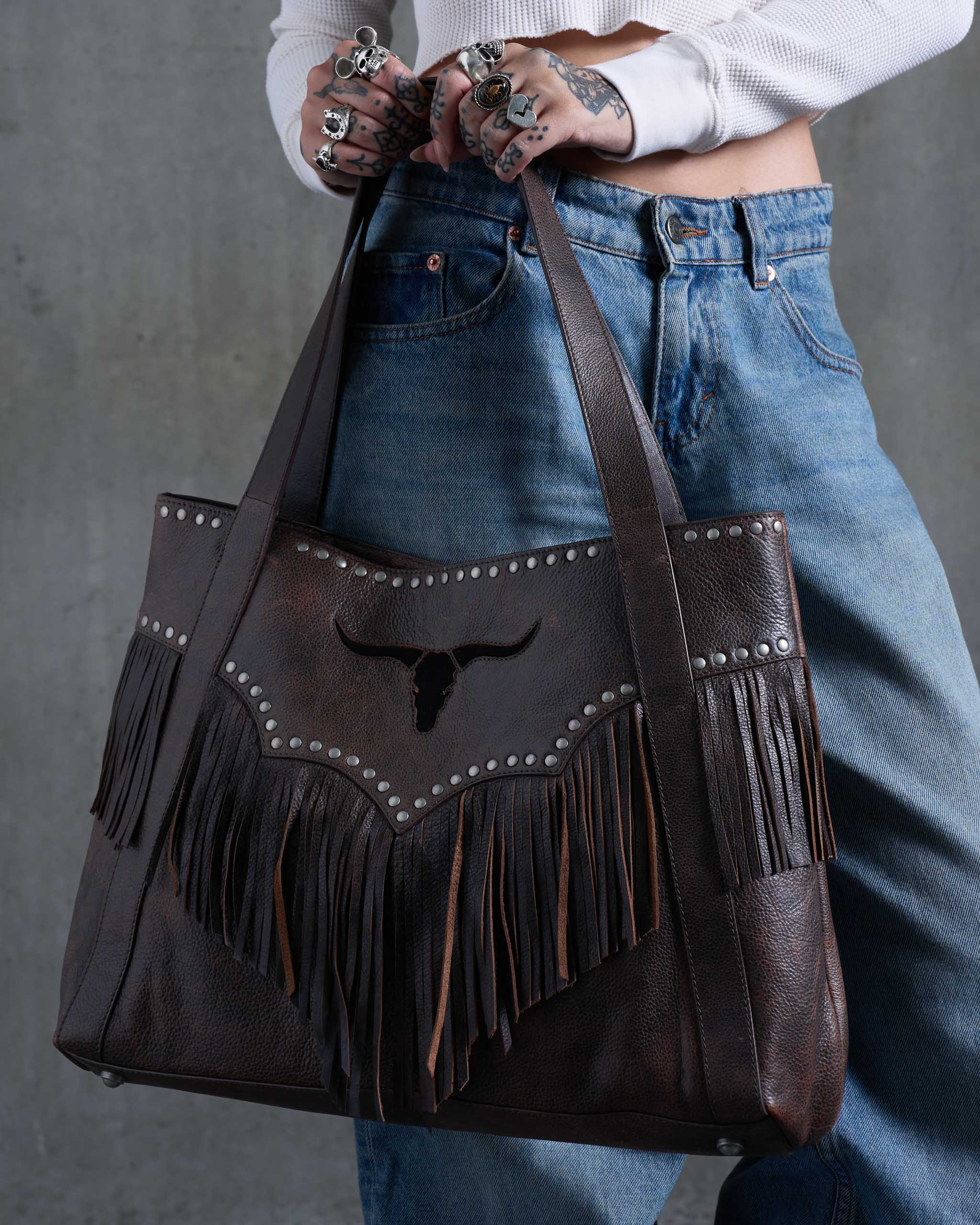 Longhorn Fringe Leather Bag - Distressed Brown