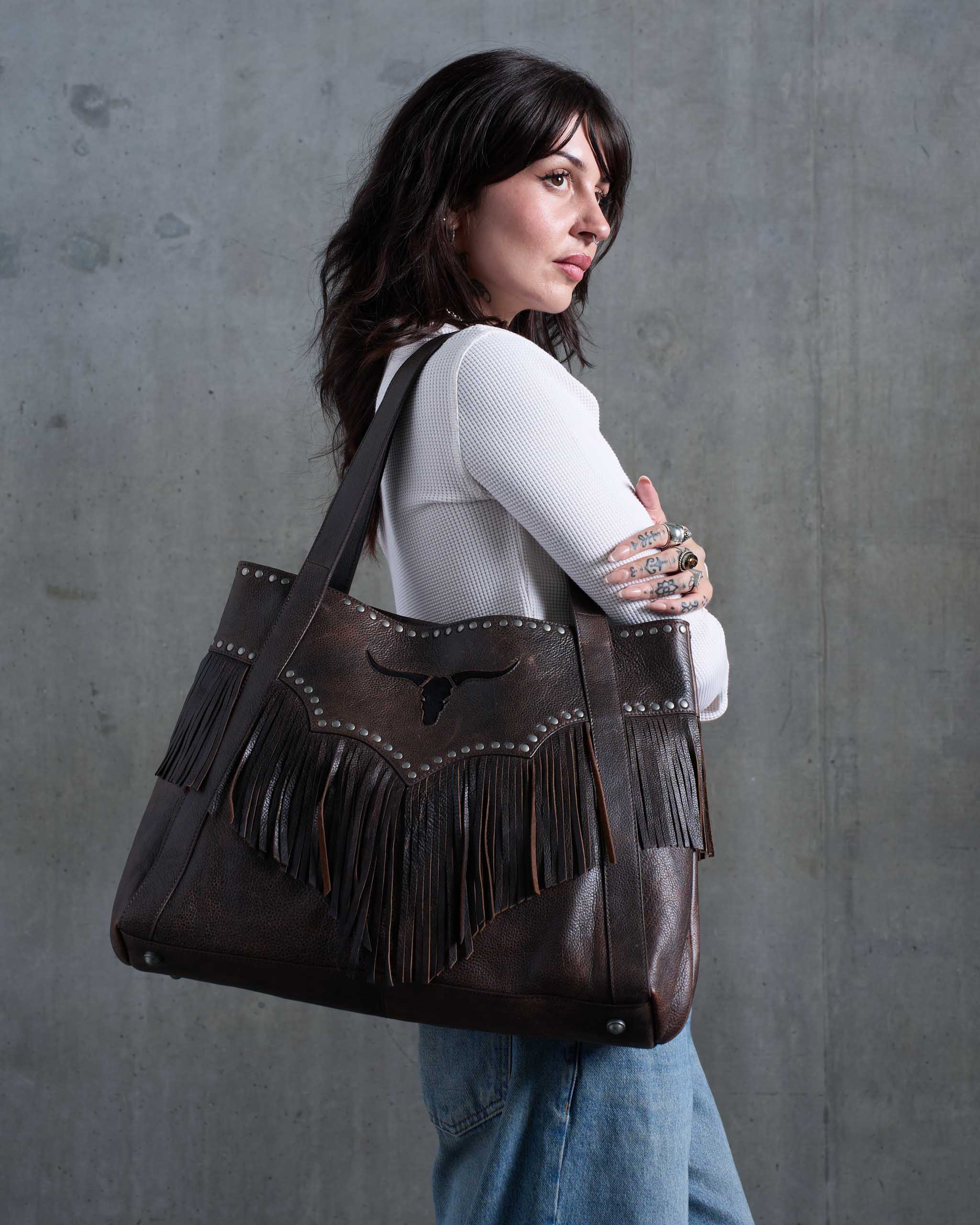 Longhorn Fringe Leather Bag - Distressed Brown