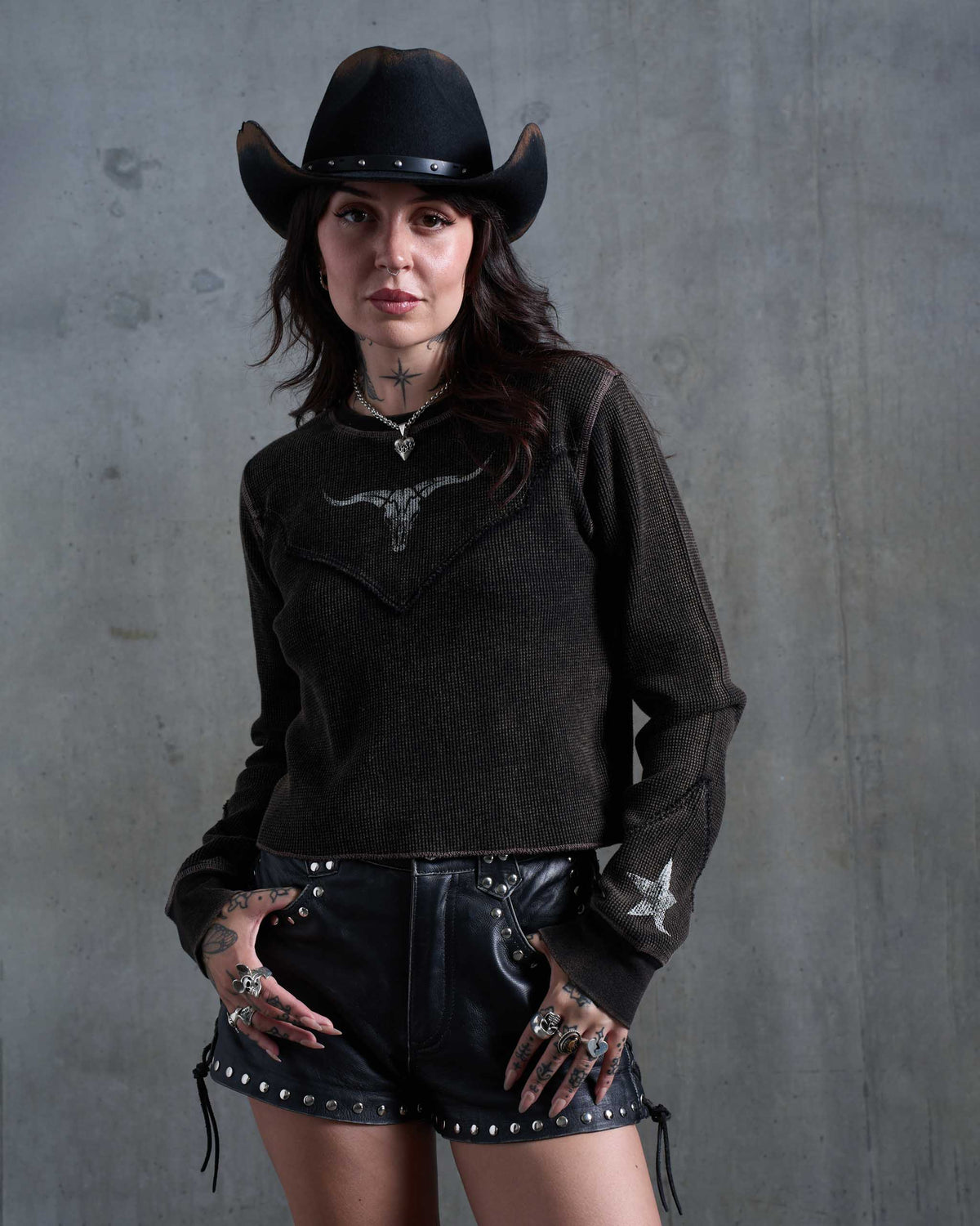 Longhorn Waffle Long Sleeve Top - Acid Wash