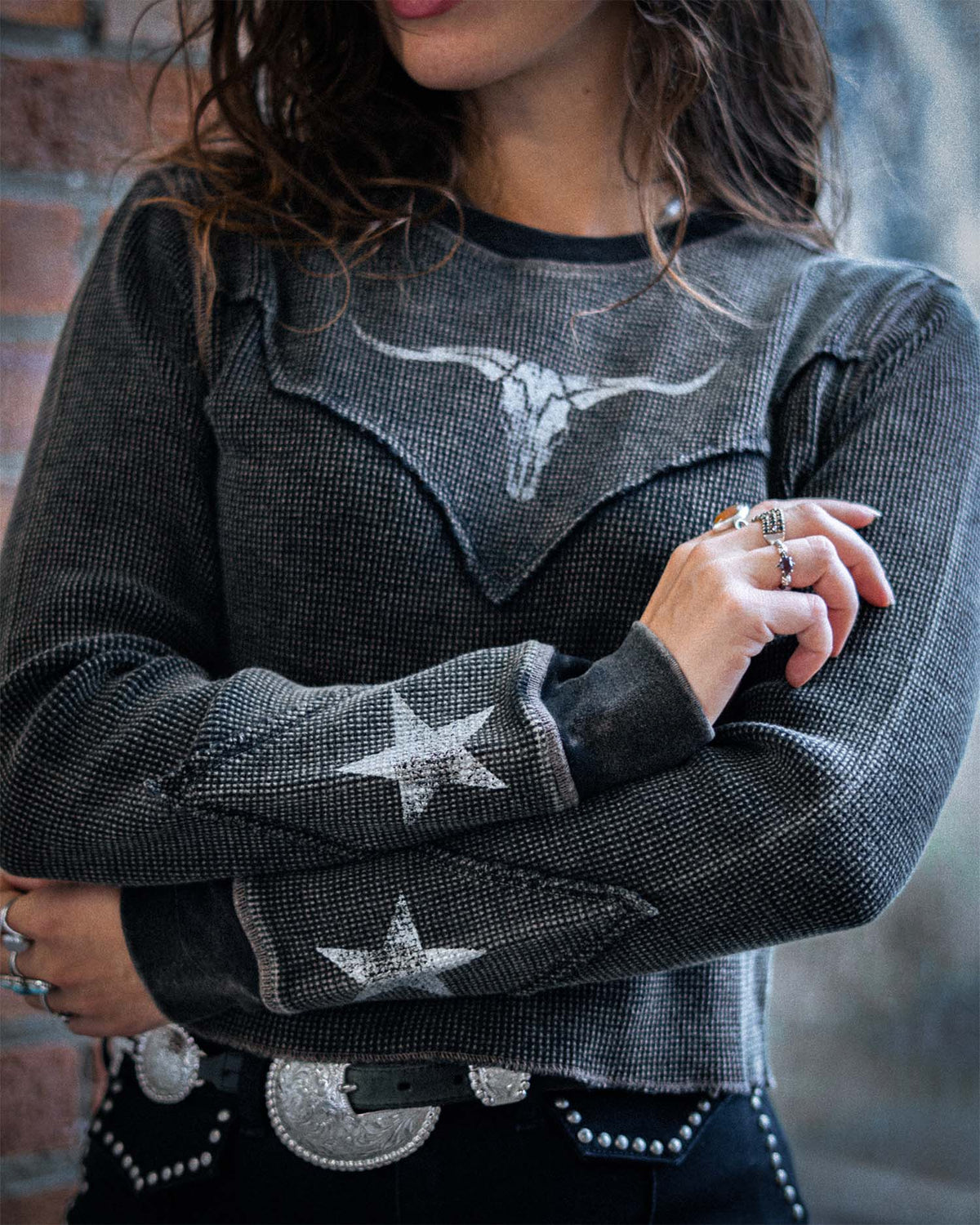 Longhorn Waffle Long Sleeve Top - Acid Wash