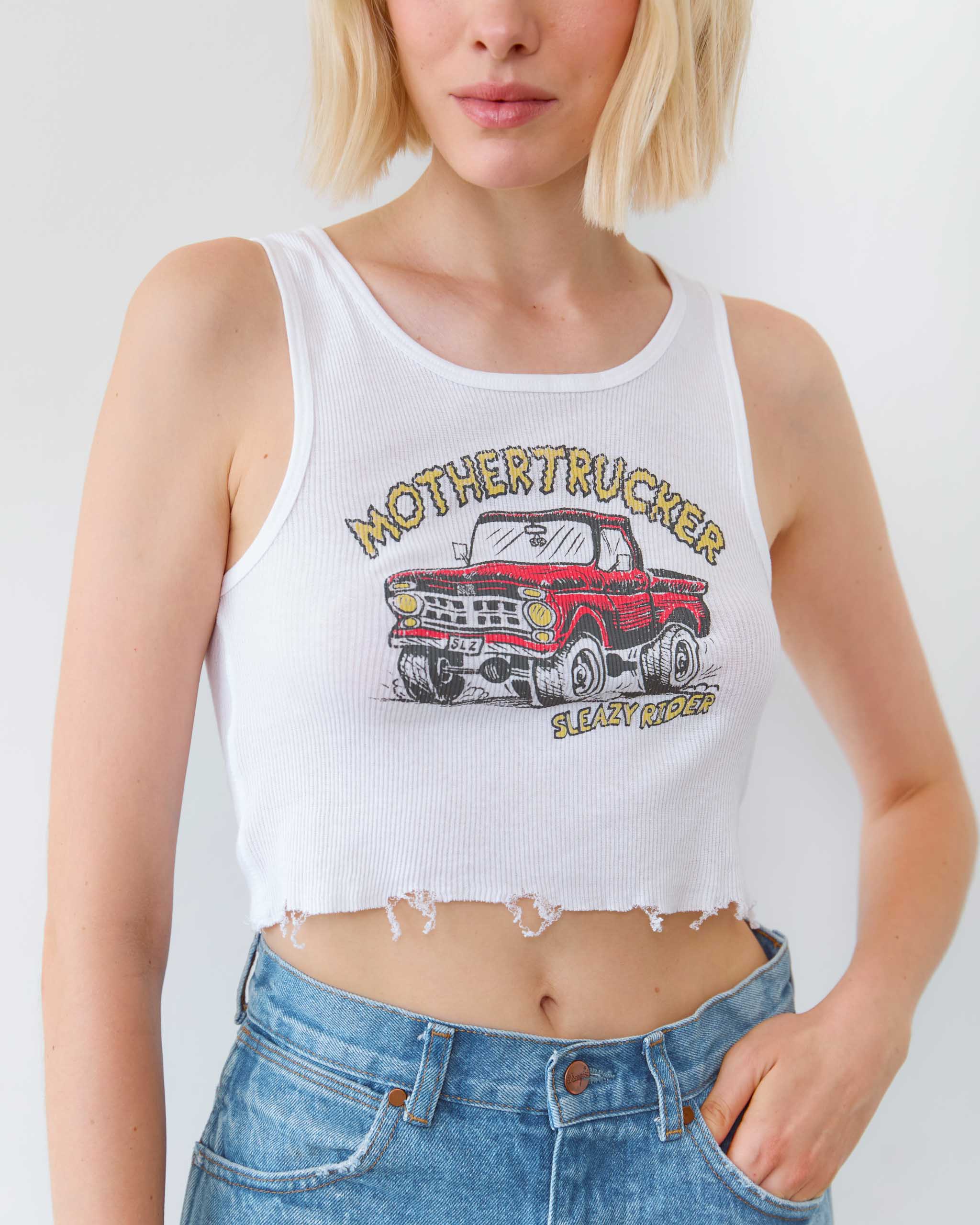 A tank top with 'Mothertrucker' printed on it.