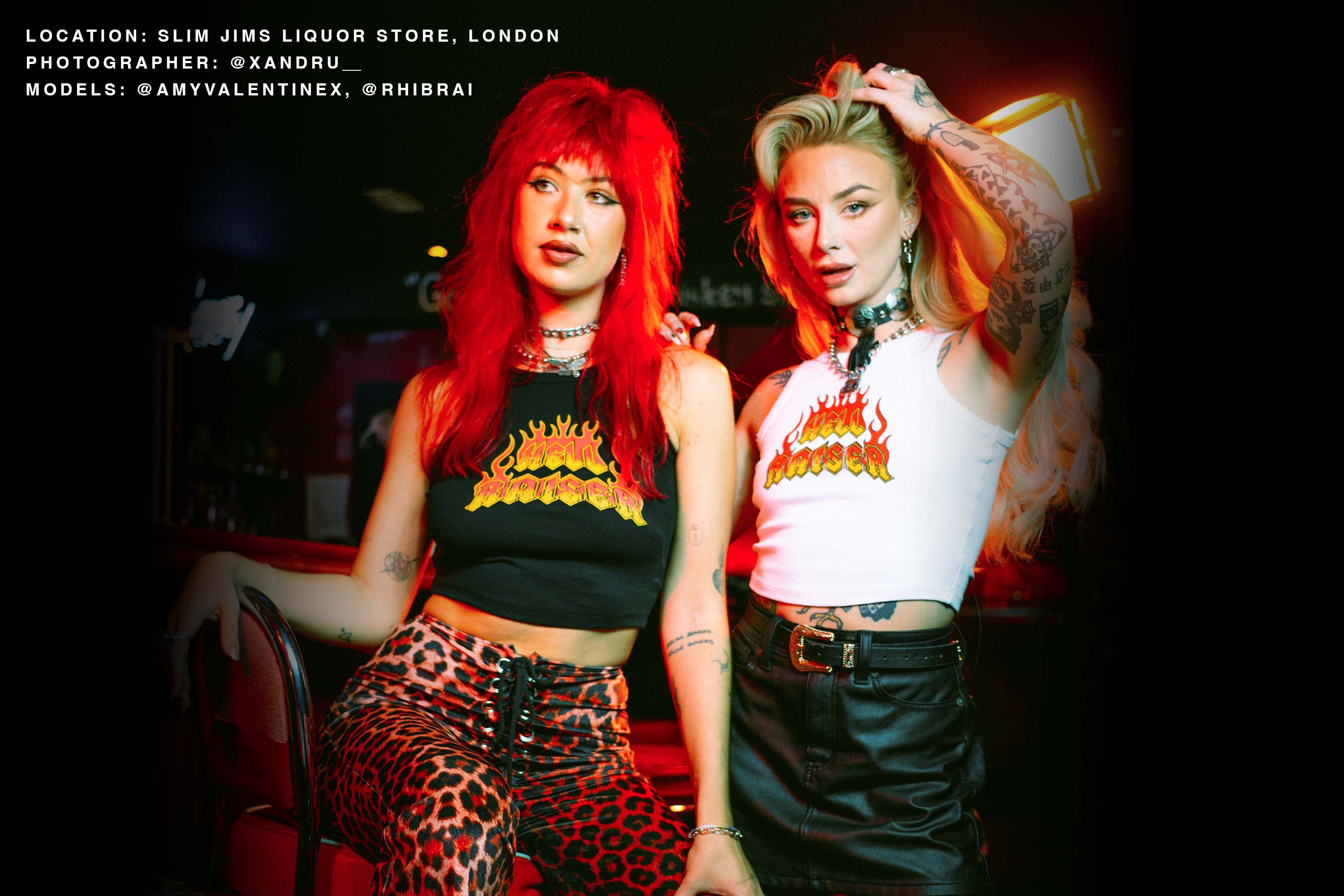 Amy Valentine and Rhianon Brailsford wearing Sleazy Rider in a dive bar, photography by Xandru