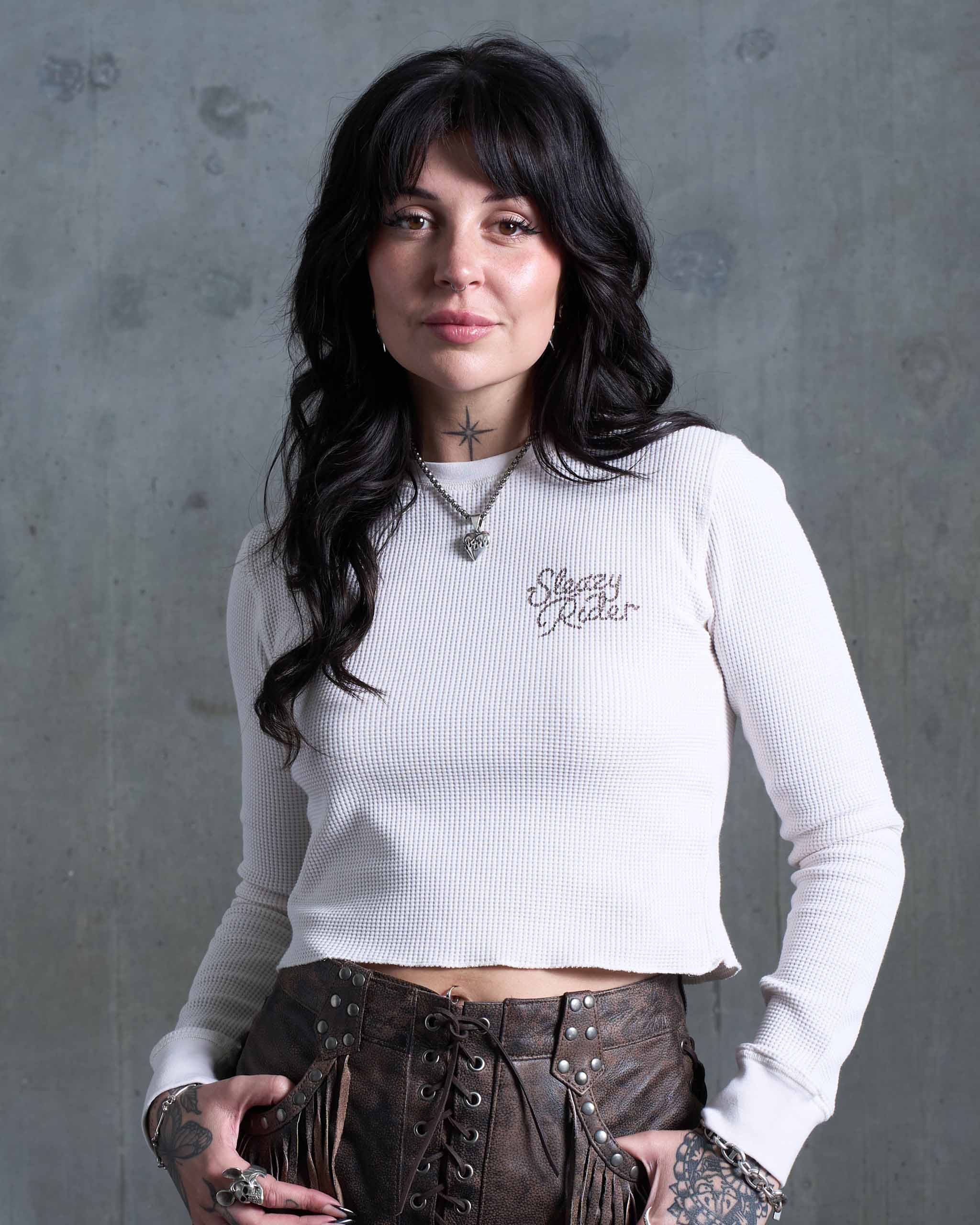 Sleazy Rider Waffle Long Sleeve Top - Vintage White