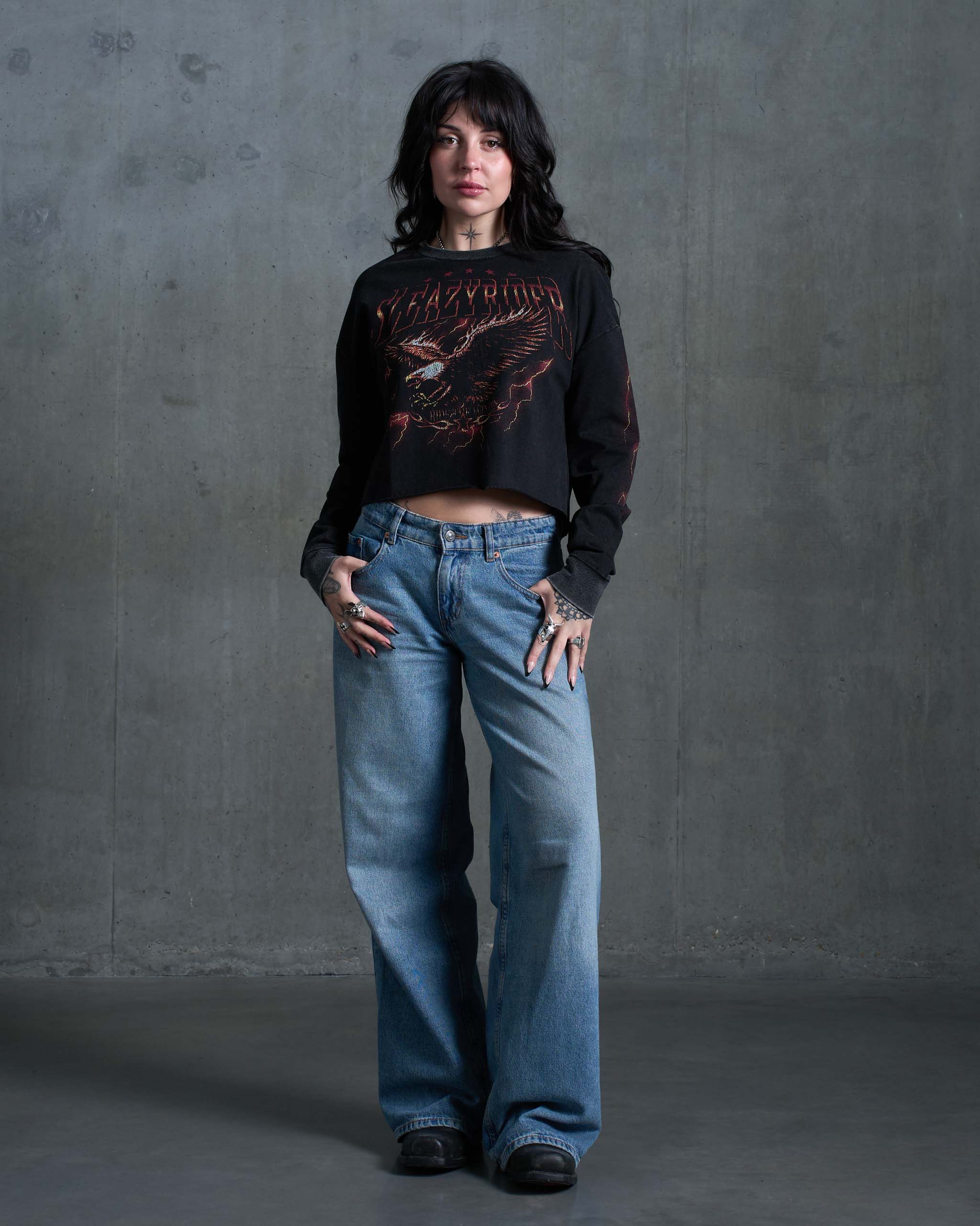 Thunder Eagle Long Sleeve Cropped T-Shirt - Acid Wash
