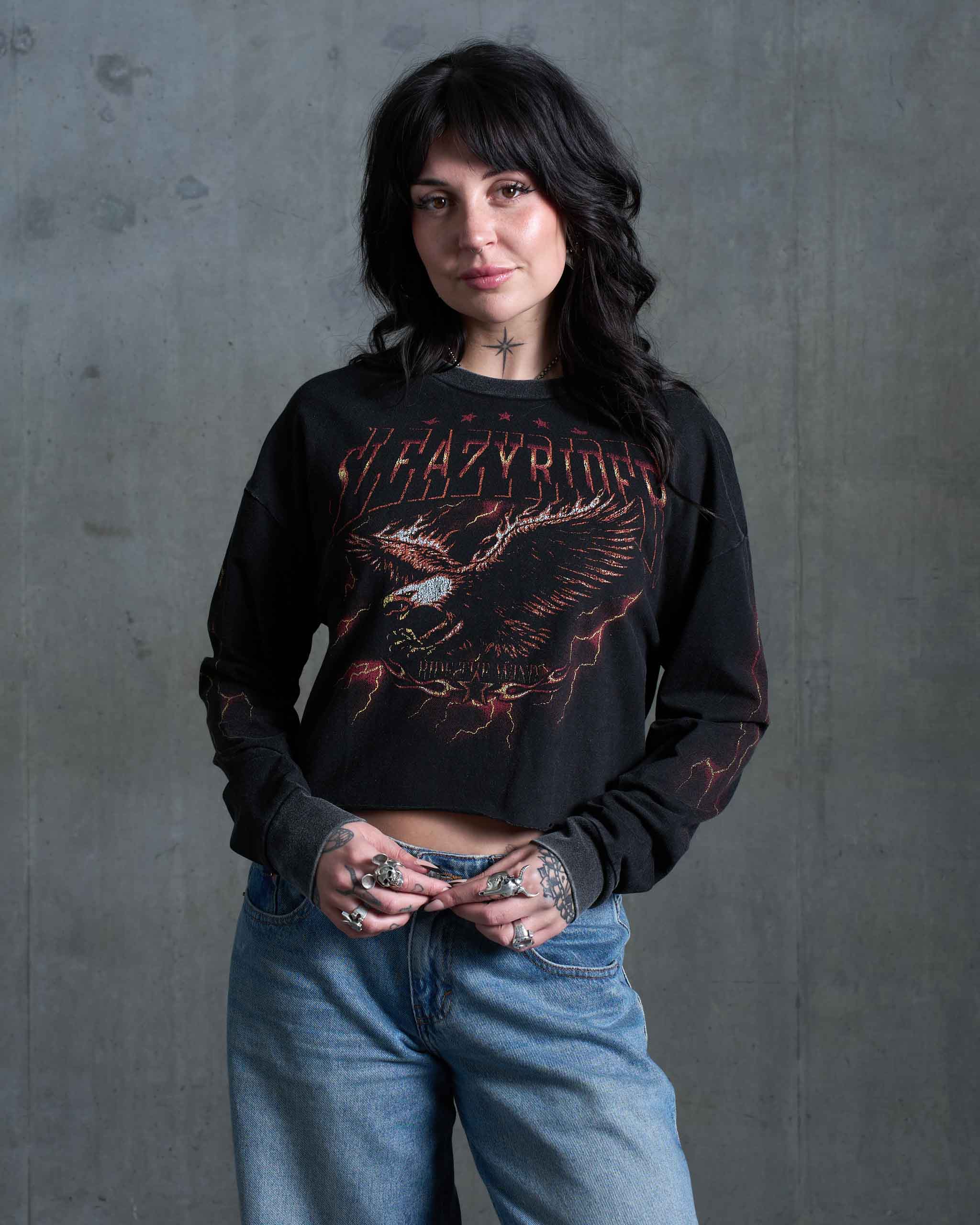 Thunder Eagle Long Sleeve Cropped T-Shirt - Acid Wash