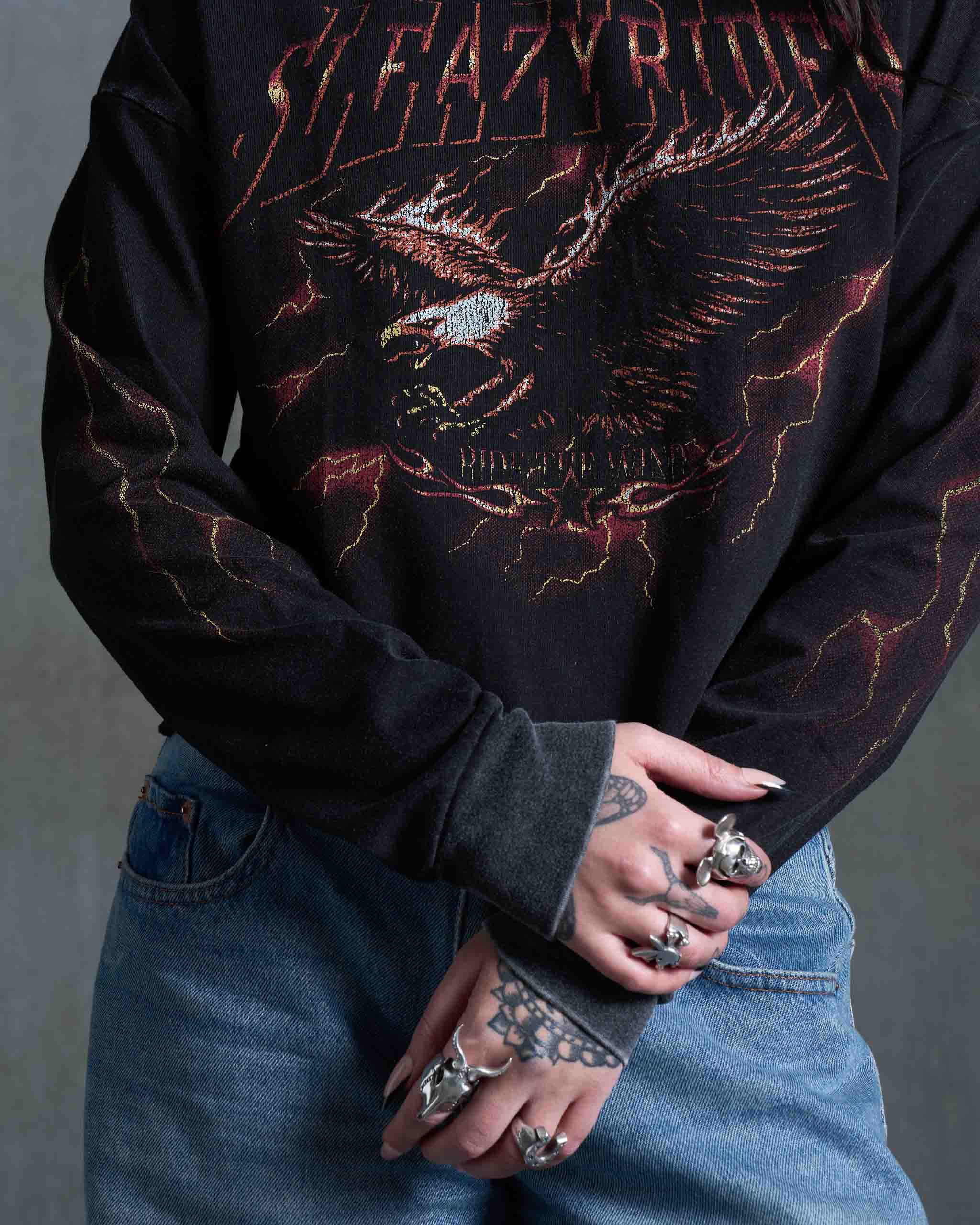 Thunder Eagle Long Sleeve Cropped T-Shirt - Acid Wash